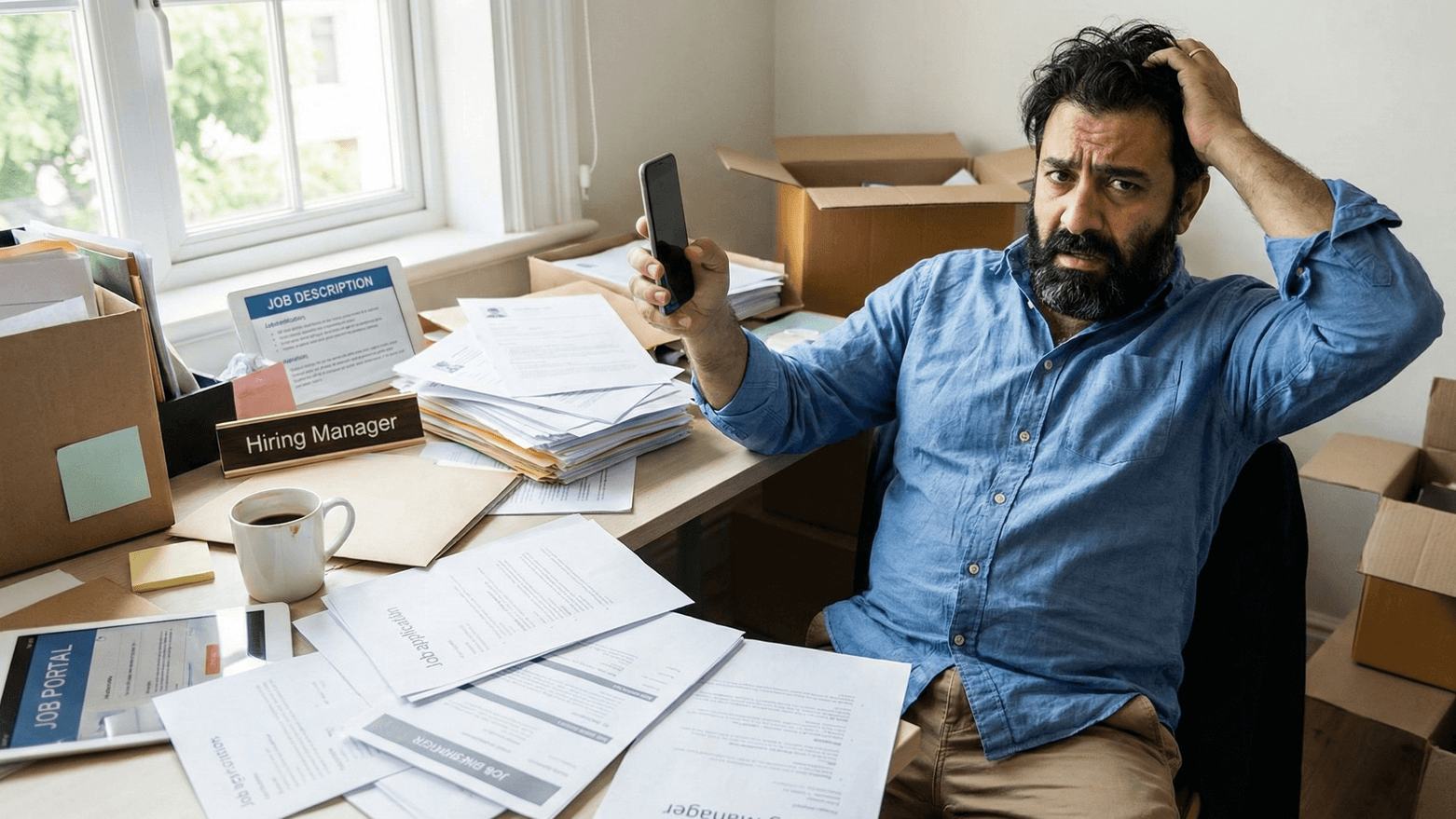 A photo of a confused middle-aged man with black hair and beard, dressed in business casual attire, looking overwhelmed while surrounded by scattered resumes, paperwork, and job descriptions. He's holding a smartphone with a perplexed expression, sitting at a messy desk with a 'Hiring Manager' nameplate, Struggling with the Hiring Mistakes and how to avoid them.