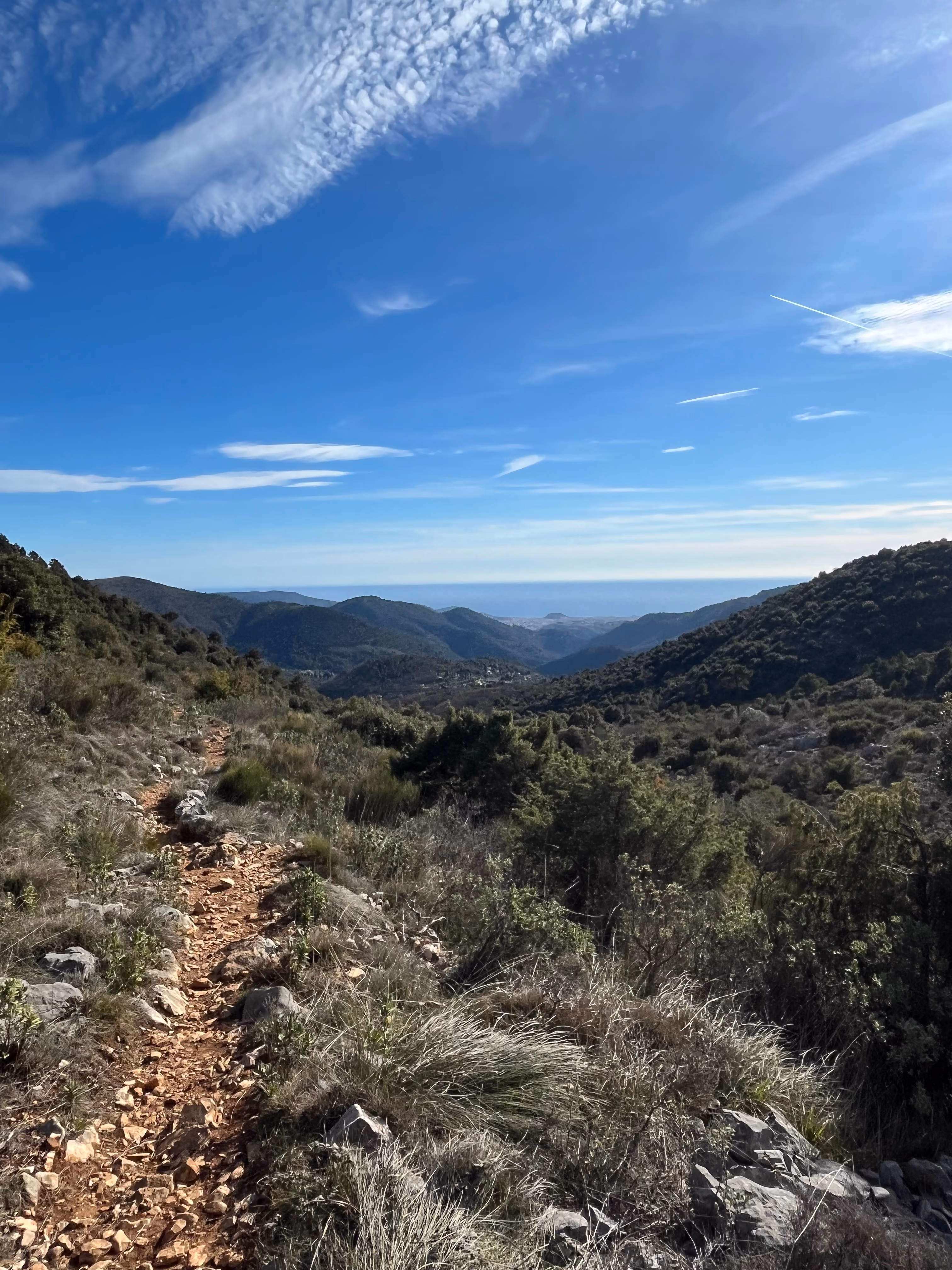 Path through the mountains towards the sea. Alpine sea hills north of Nice.