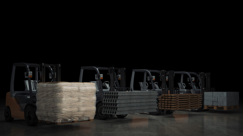 multiple forklifts holding various types of product like pallets, steel, wrapped boxes