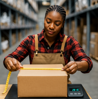 Warehouse worker measuring packages on a scale, symbolizing LTL freight audit and optimization.
