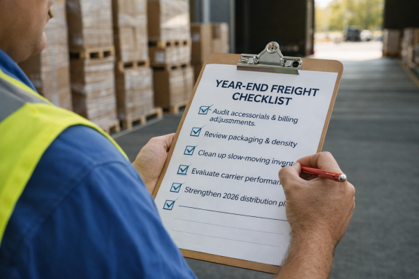 Warehouse worker reviewing freight documents and inventory during year-end planning.