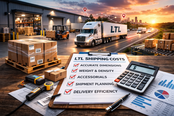 Freight invoice and palletized LTL shipment in warehouse highlighting cost factors.