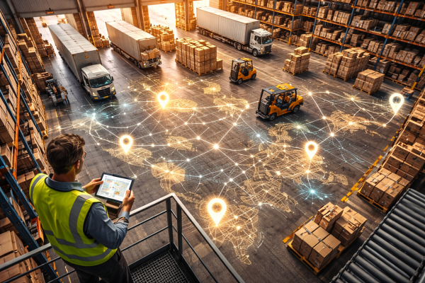 Warehouse manager reviewing shipment routes and inventory placement inside a modern distribution facility.