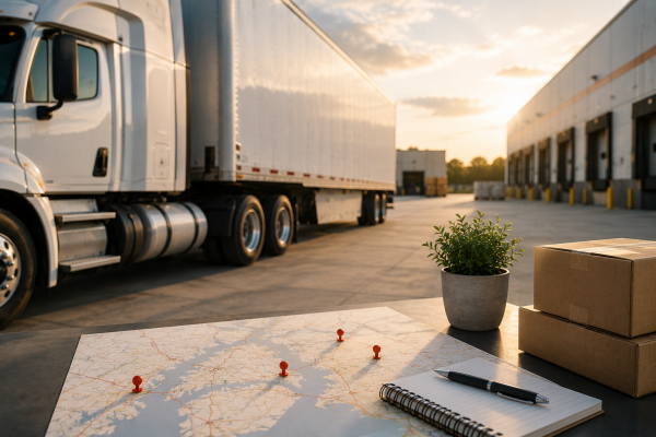 Distribution warehouse with outbound freight staging and map
