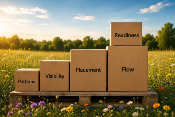 Five freight planning priorities represented by stacked shipping boxes on a pallet in a summer field