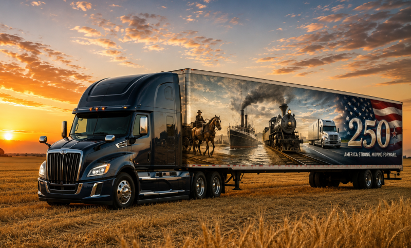 Illustration showing the evolution of American freight transportation from horse-drawn wagons to today's modern distribution network.