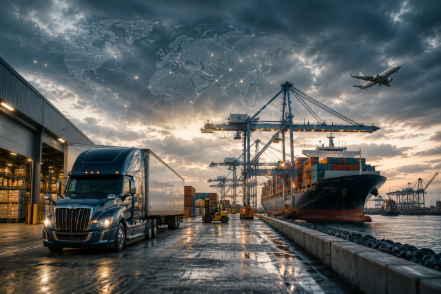 Semi-truck outside a distribution warehouse beside a container ship and port cranes under storm clouds, illustrating how global events and supply chain disruptions affect freight transportation.