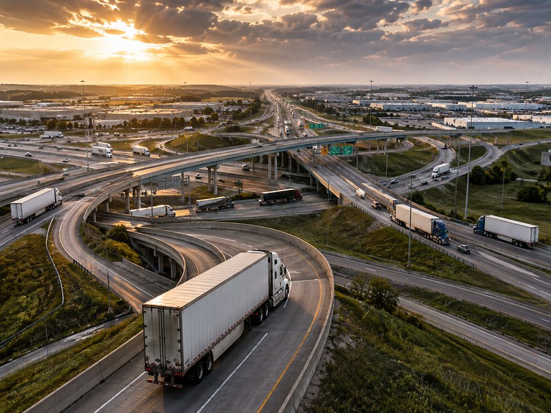 Multiple semi-trucks traveling through a busy interstate interchange, illustrating freight capacity and the importance of transportation planning.