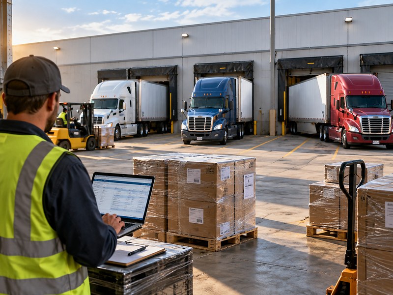 Warehouse shipping manager comparing LTL carrier options on a laptop as multiple trucks prepare to load freight at distribution center docks.