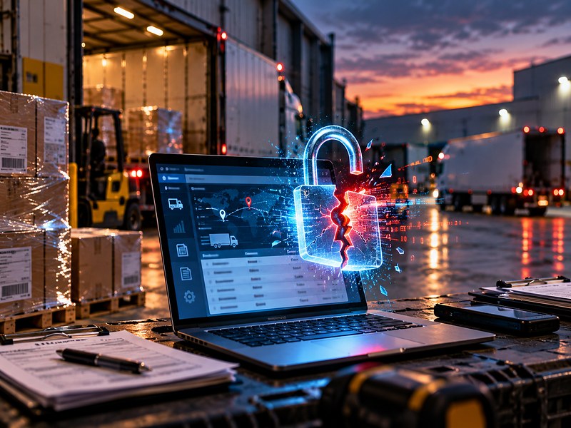 Broken digital padlock over a logistics laptop at a warehouse loading dock, illustrating cyber-enabled cargo theft and freight security risks.