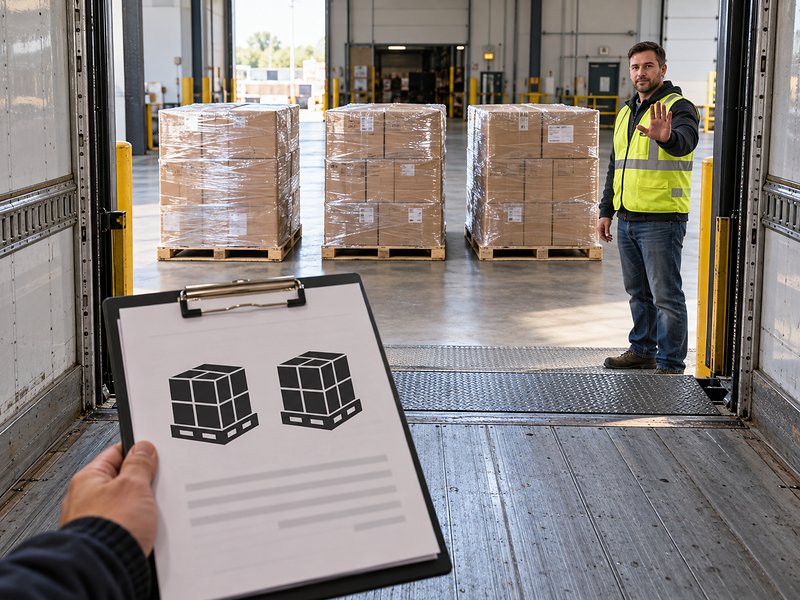 Dock worker pauses loading beside three pallets while a driver holds paperwork showing two pallets, highlighting a shipment discrepancy.