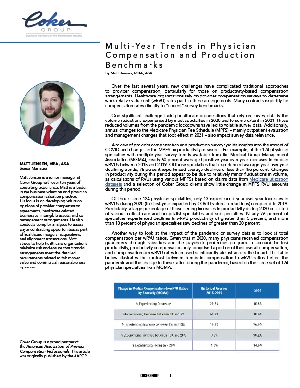 Multi-Year Trends in Physician Compensation and Production Benchmarks