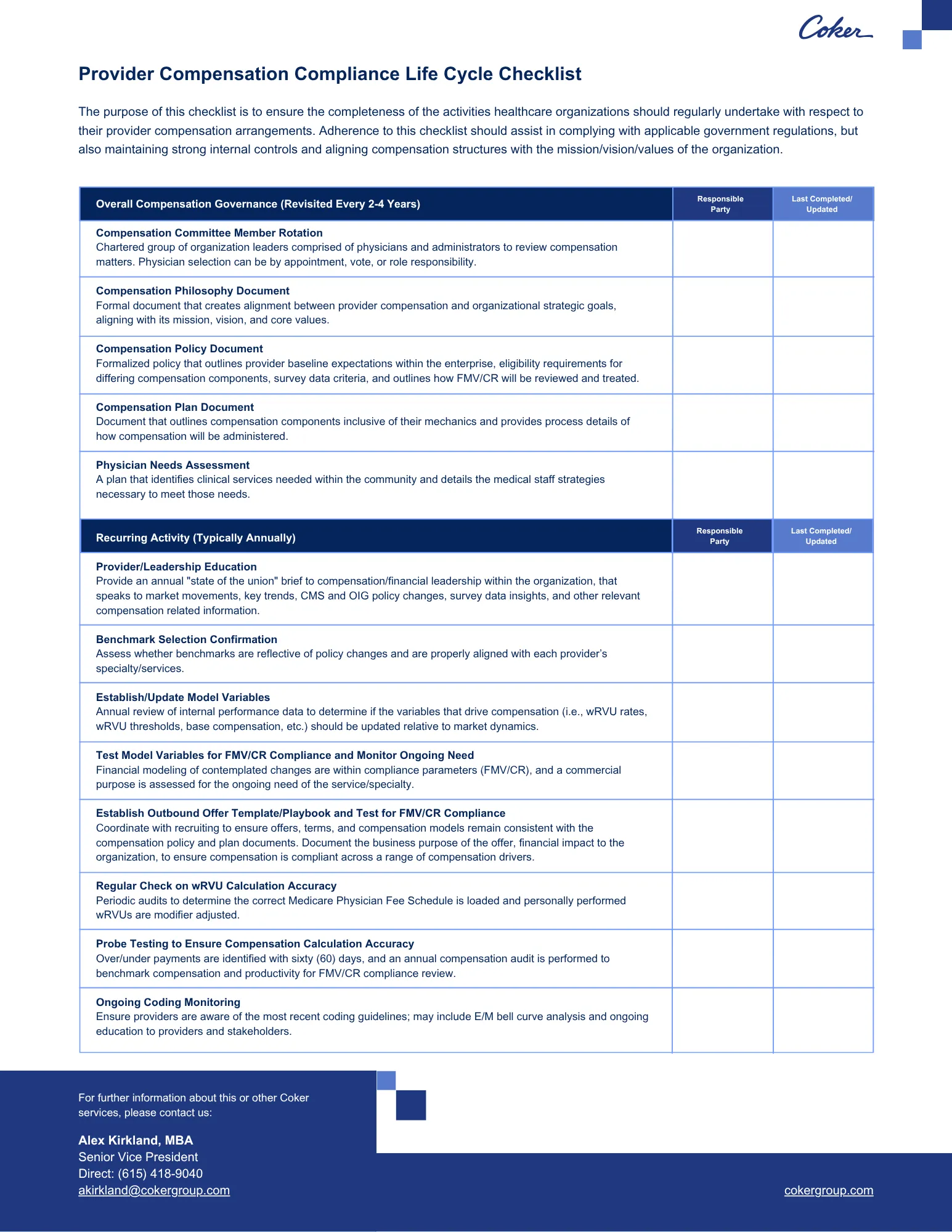 Provider Compensation Compliance Life Cycle Checklist