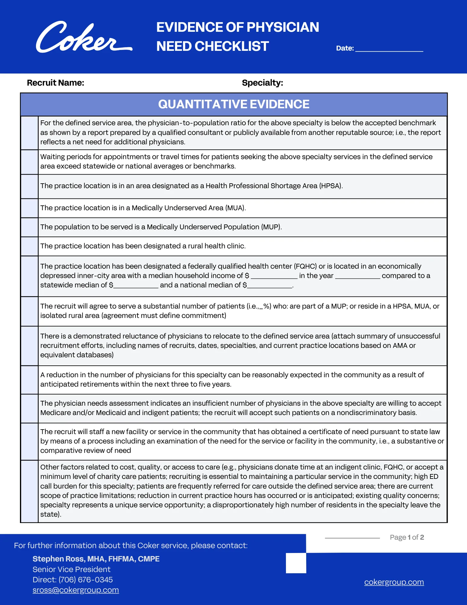 Evidence of Physician Need Checklist