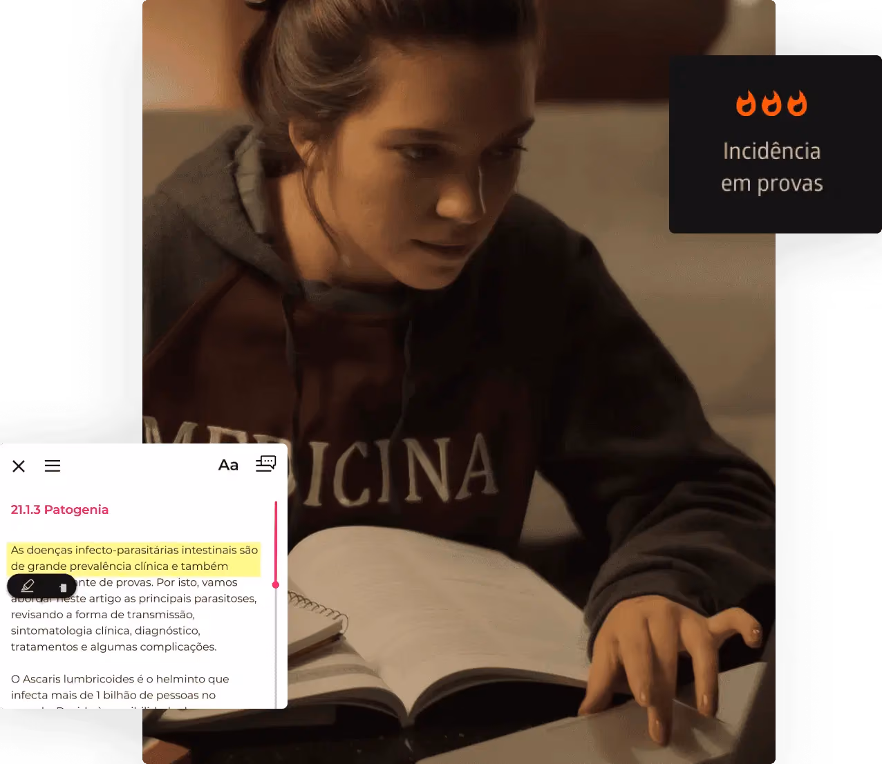 Young woman focused on studying with open books and tablet, wearing a sweatshirt that reads Medicina.