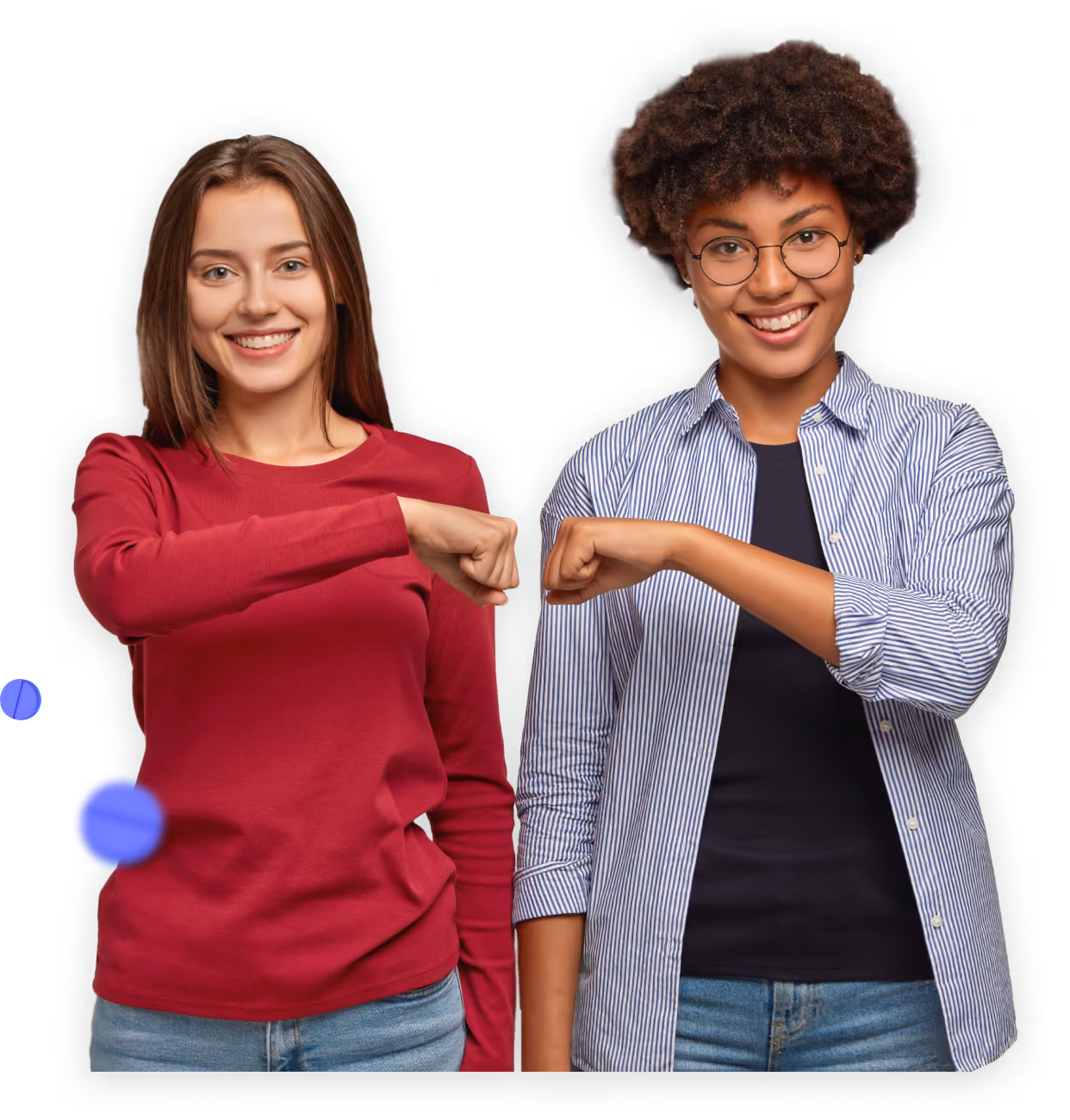 Two women smiling and giving each other a friendly elbow bump.