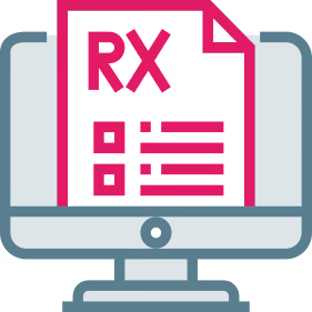 Computer monitor displaying a prescription document with RX and checkboxes.