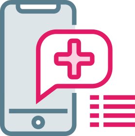 Smartphone with a speech bubble containing a medical cross and three horizontal lines next to it.