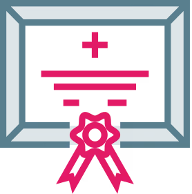 Icon of a certificate with a ribbon and a plus sign above it on a blue background.