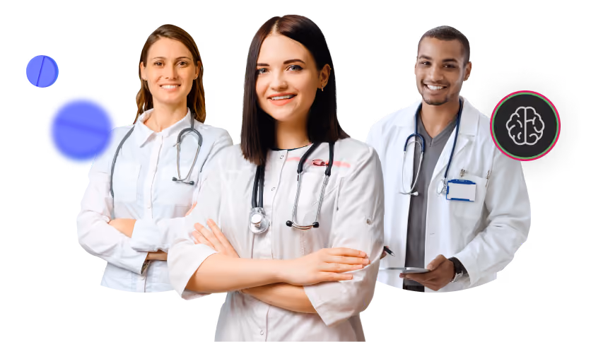 Three smiling doctors wearing white coats and stethoscopes standing with arms crossed or holding a tablet.