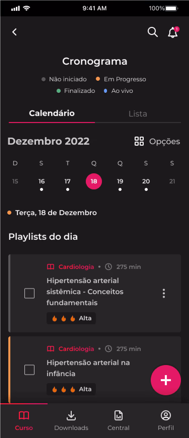 Mobile app schedule showing December 18, 2022, playlists on cardiology topics with high difficulty ratings.