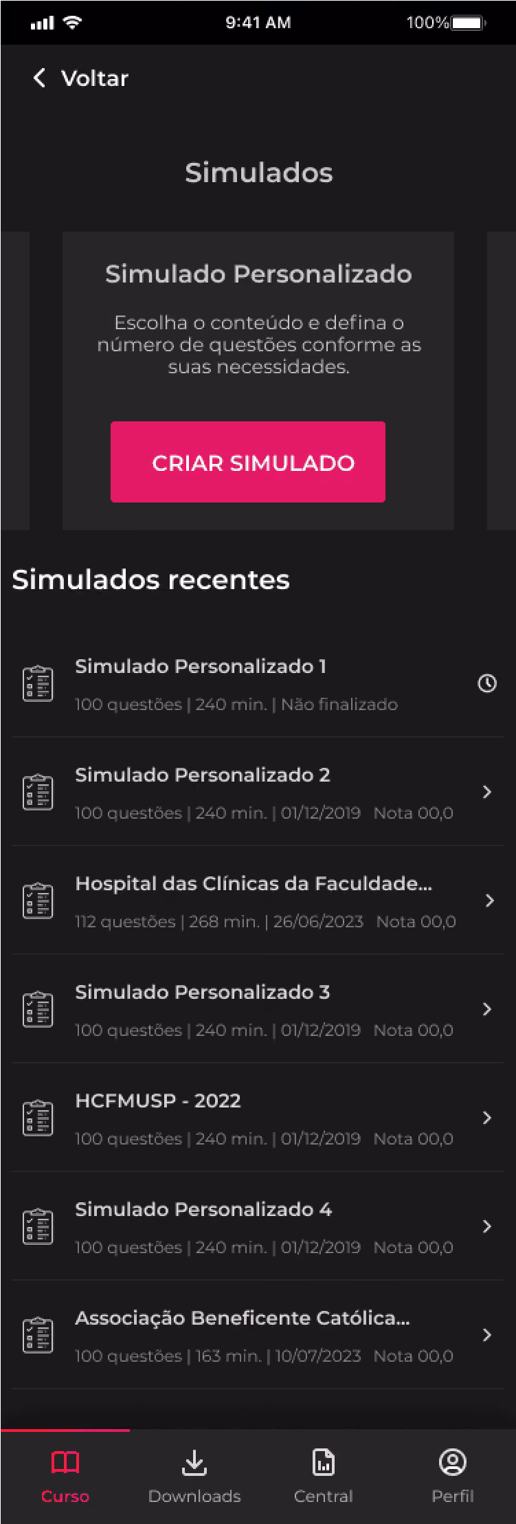 Mobile app screen listing customizable and recent simulated exams with questions, durations, and scores.