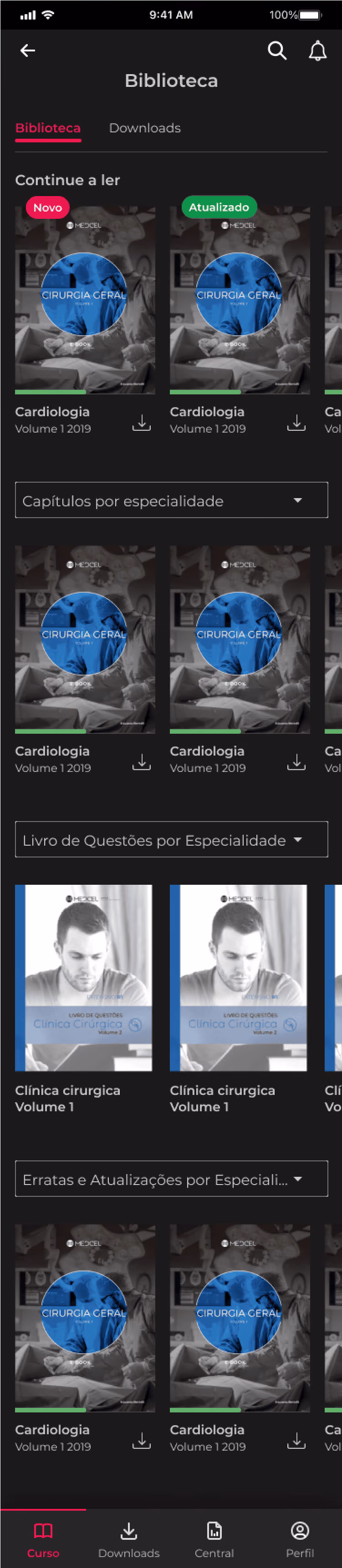Mobile app screen showing a library of medical ebooks on cardiology and surgical clinics.