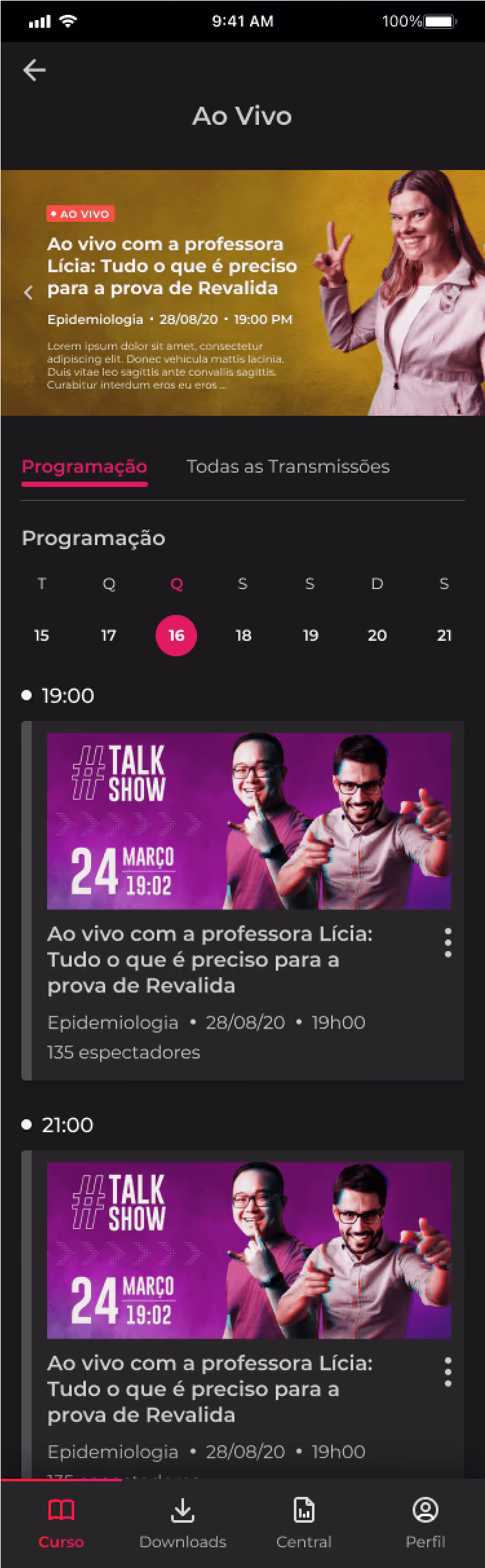 Mobile screen showing live classes schedule with talk show thumbnails and professor Lícia's live session details.
