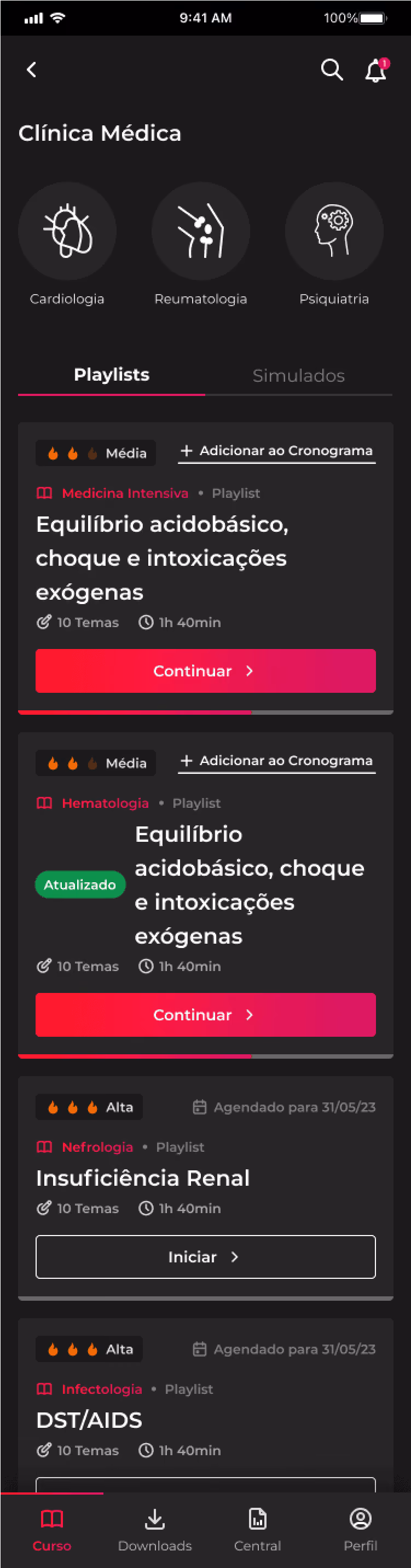 Mobile app screen showing medical playlists with topics like Equilíbrio acidobásico and Insuficiência Renal.