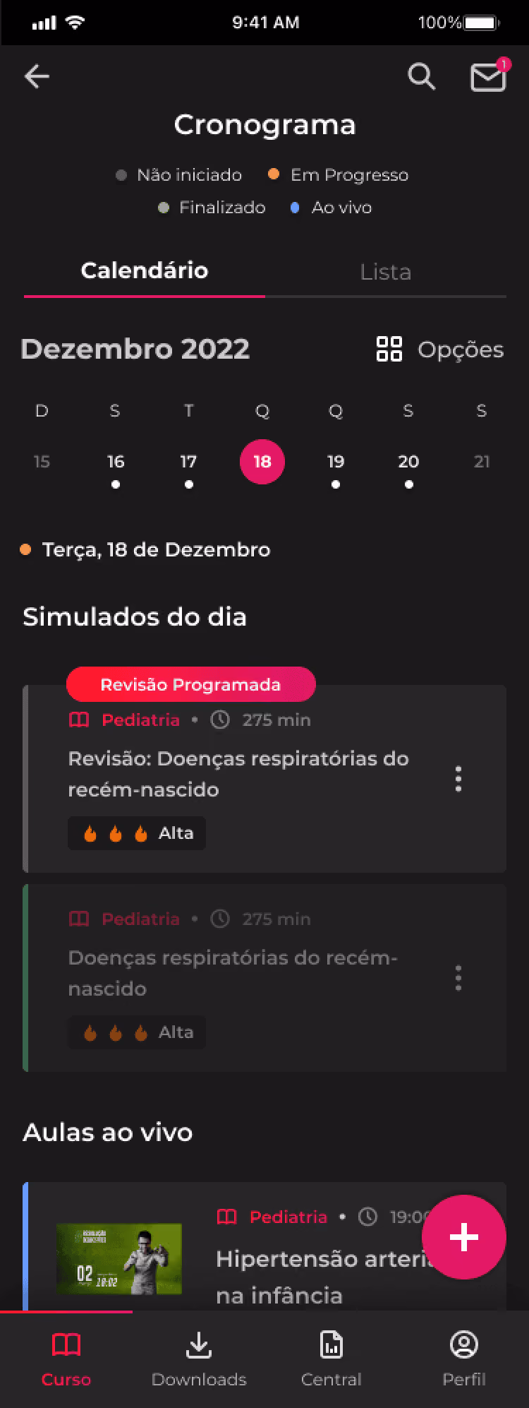Mobile app screen showing December 2022 schedule with pediatrics reviews and live classes.