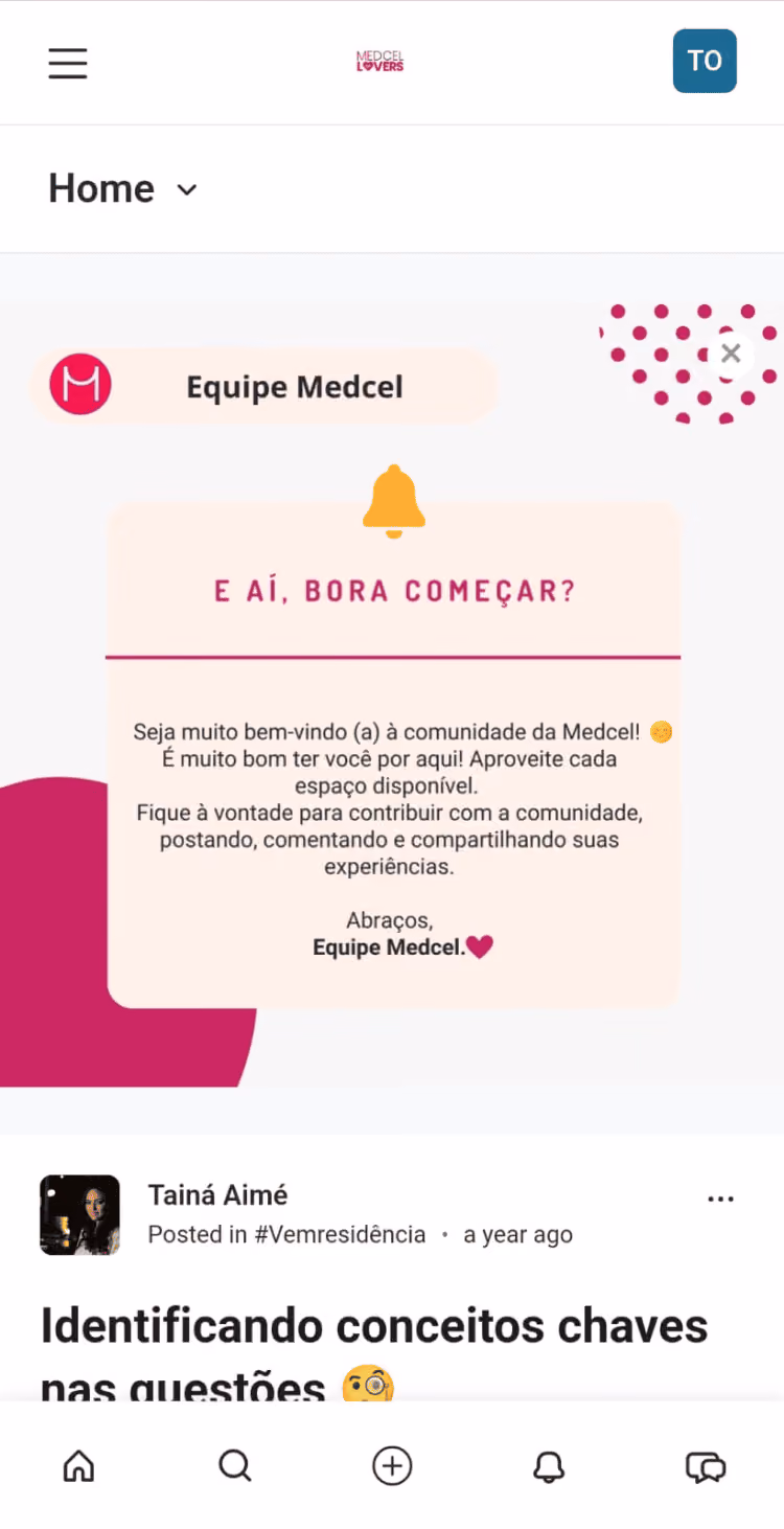 Medcel community welcome note inviting users to contribute by posting, commenting, and sharing experiences.