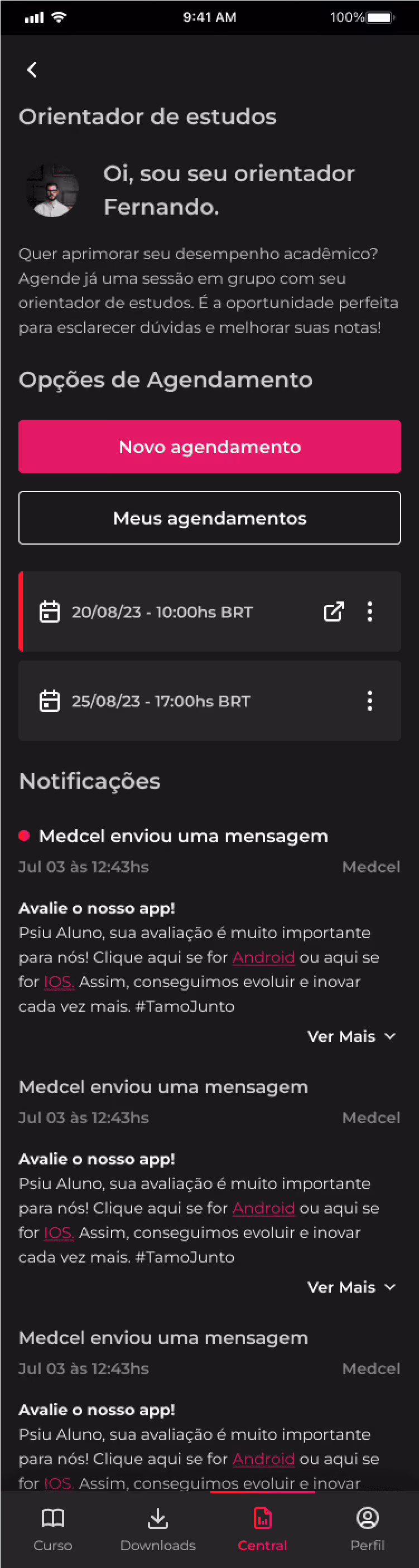 Study guide app with scheduler, notifications about app reviews, and user profile picture.