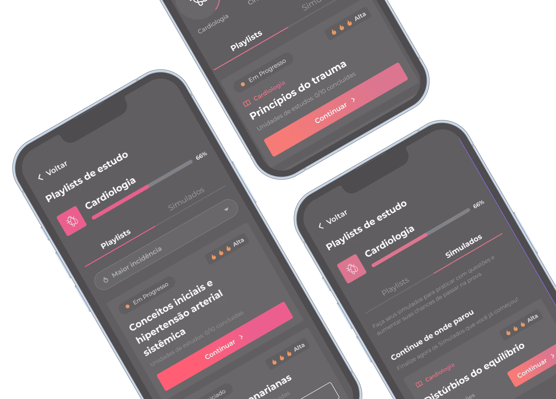 Three phones show a cardiology study app with playlists, progress bars, and continue buttons in dark mode.