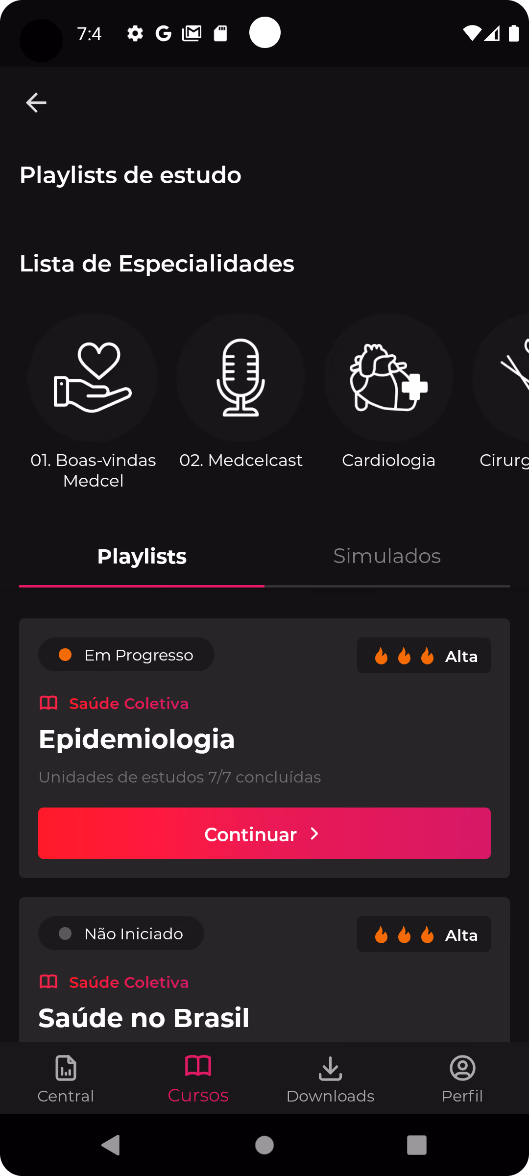 Mobile app screen showing study playlists in health specialties with progress and high difficulty levels.