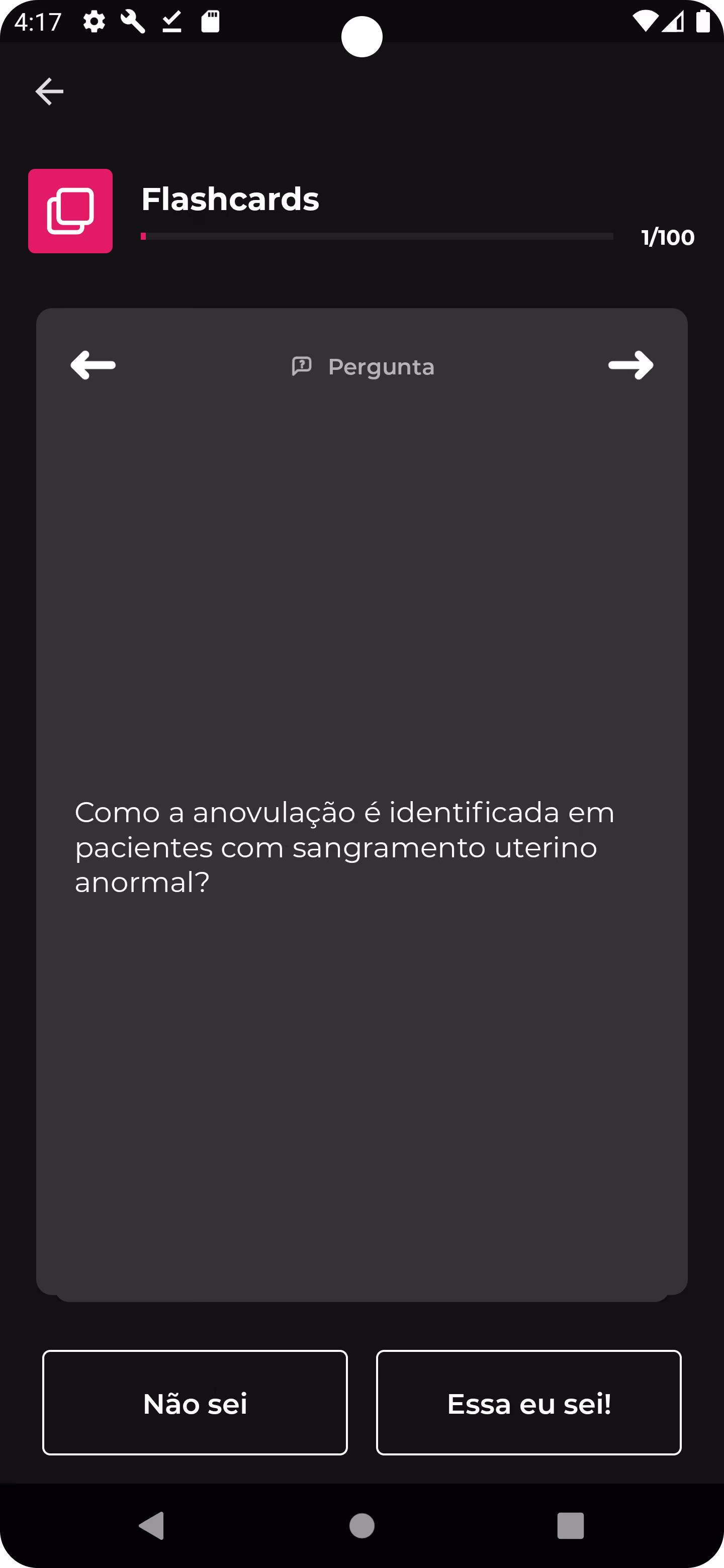 Flashcard app screen showing a question in Portuguese about identifying anovulation in abnormal uterine bleeding.