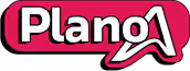 Plano A logo with stylized white and pink text and star on a dark pink background.