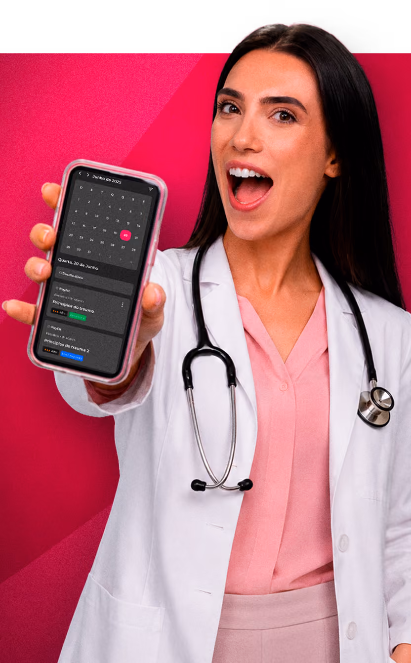 Female doctor in white coat shows smartphone with calendar app displaying June 20, 2025.