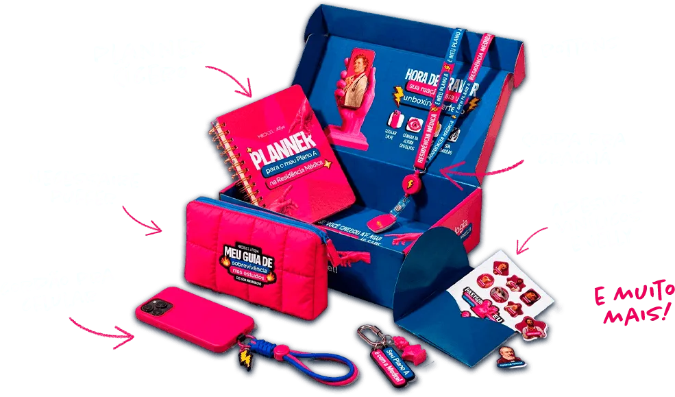 Kit com planner, estojo, chaveiros e acessórios