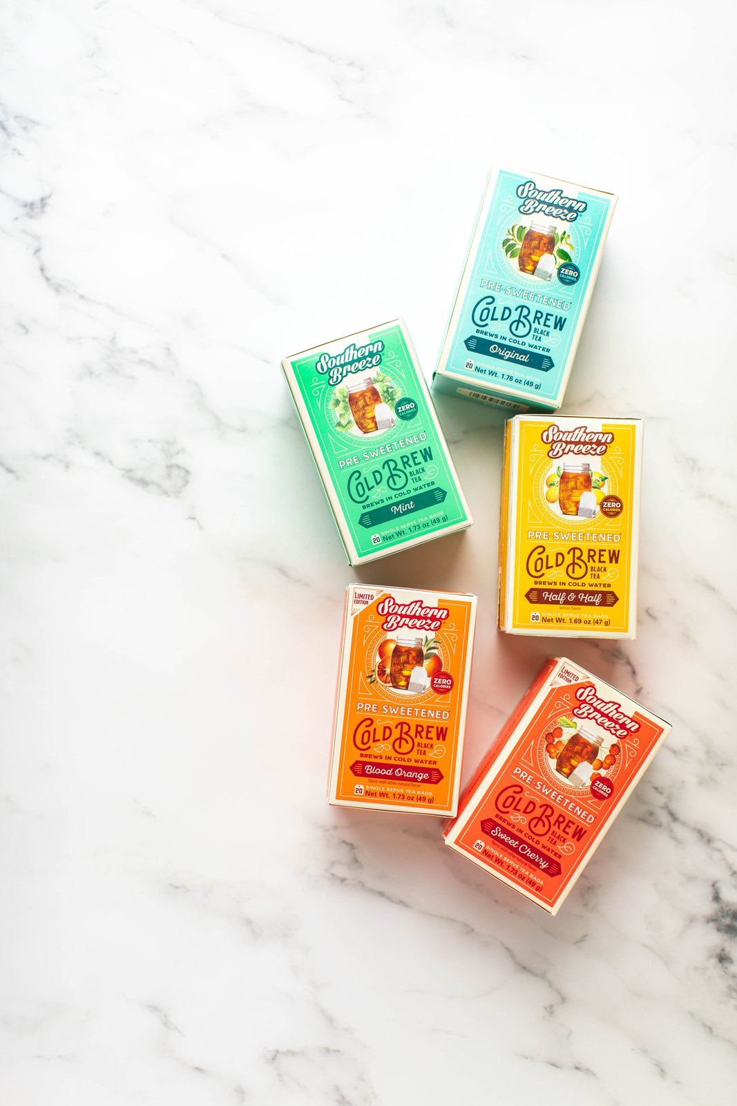 Southern Breeze cold brew tea lineup on marble