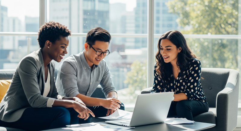 Diverse coworkers around an office table working on a laptop.