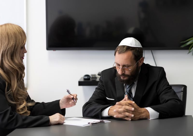 Jewish man wearing a yarmulke meets with an attorney to discuss a religious discrimination case in California
