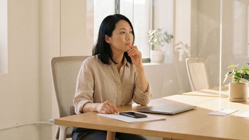 California employee sitting at desk considering her options after workplace whistleblower retaliation