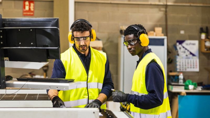 Two manufacturing employees wearing safety gear review equipment together on a California factory floor