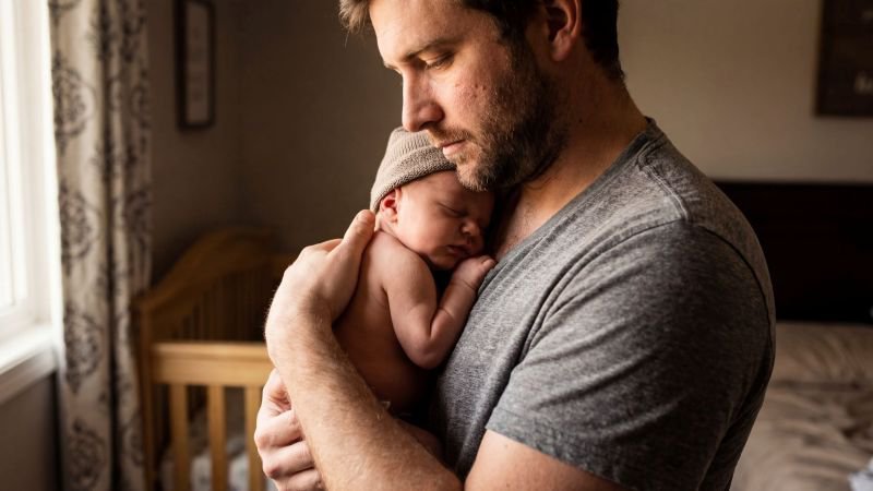Father bonding with sleeping newborn at home, representing CFRA child bonding leave rights for California employees