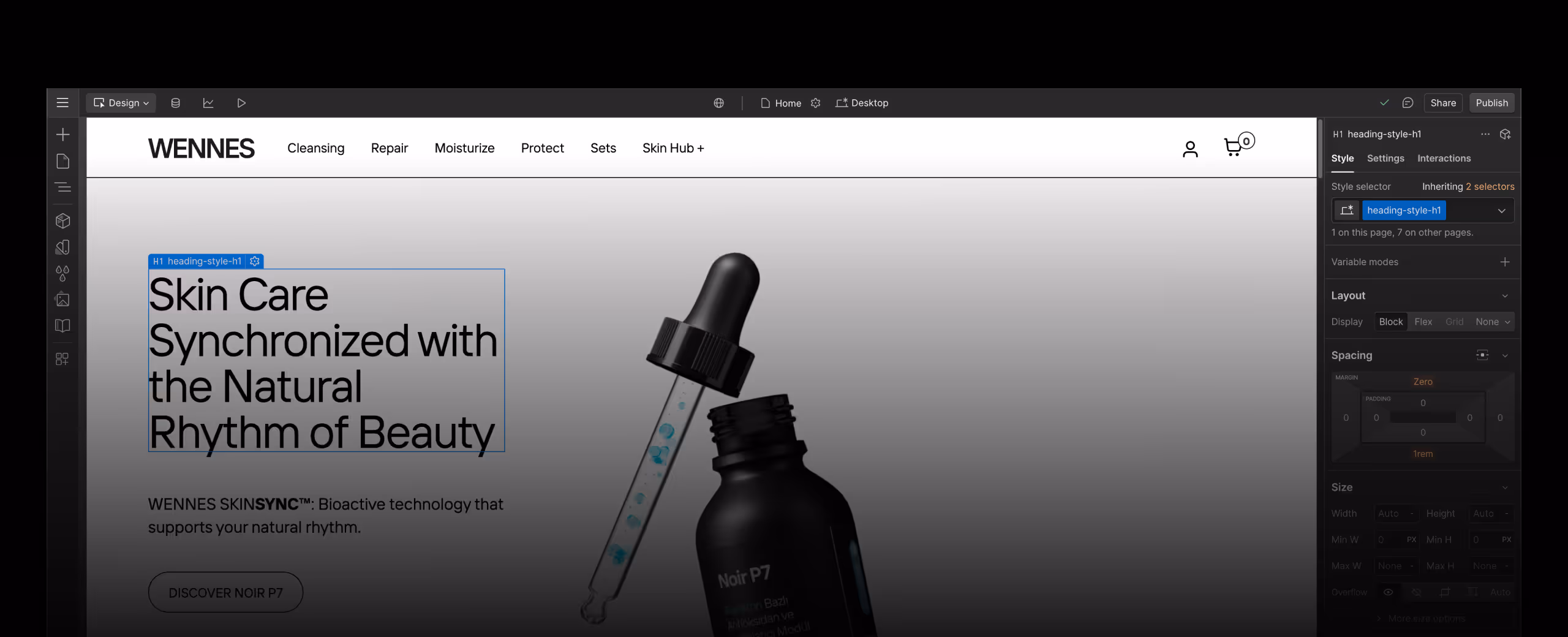Webflow agency ecommerce project featuring Wennes Noir P7 skincare product page with SKINSYNC technology.