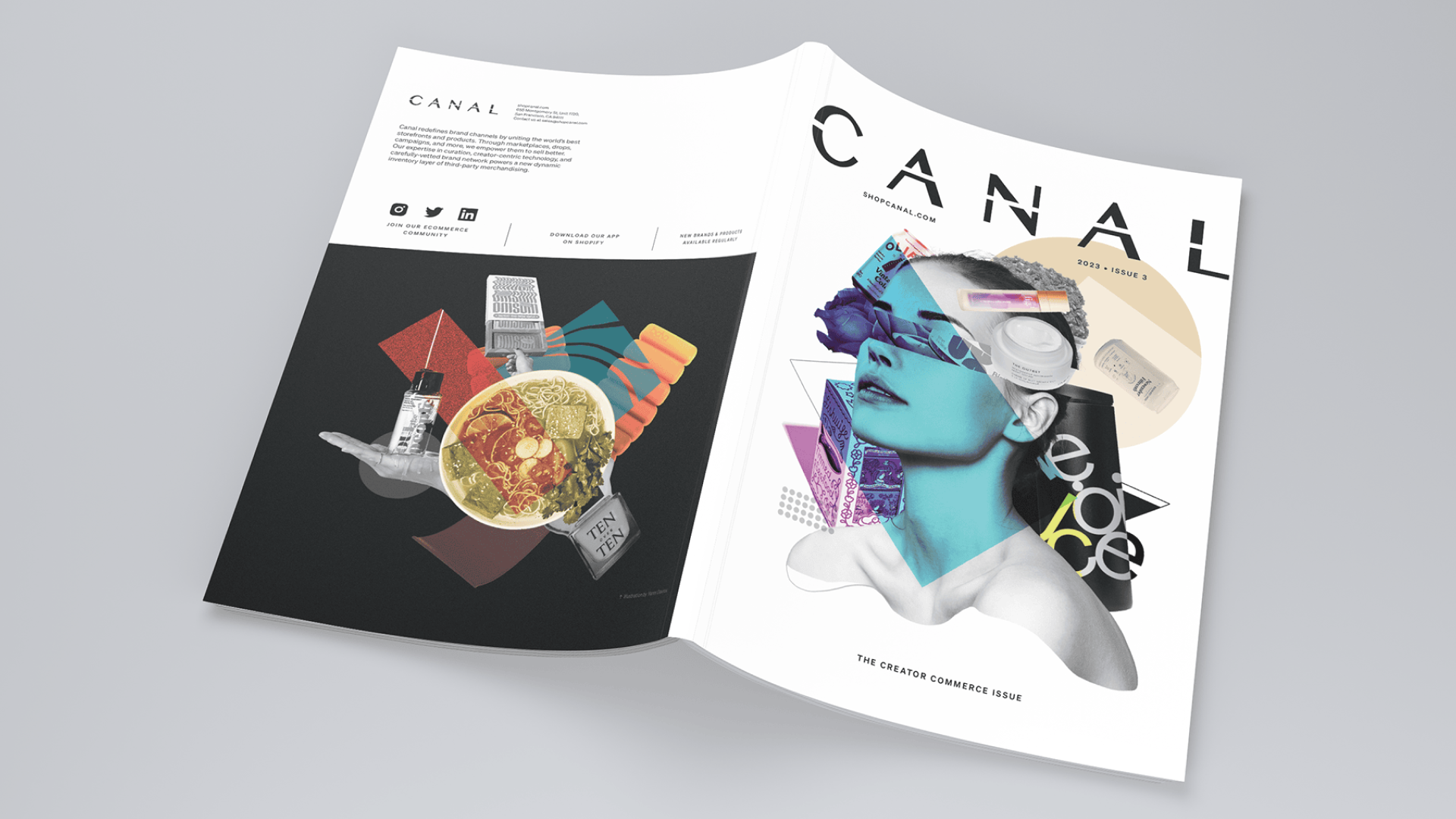 A mockup of a Canal branded catalog front and back cover.