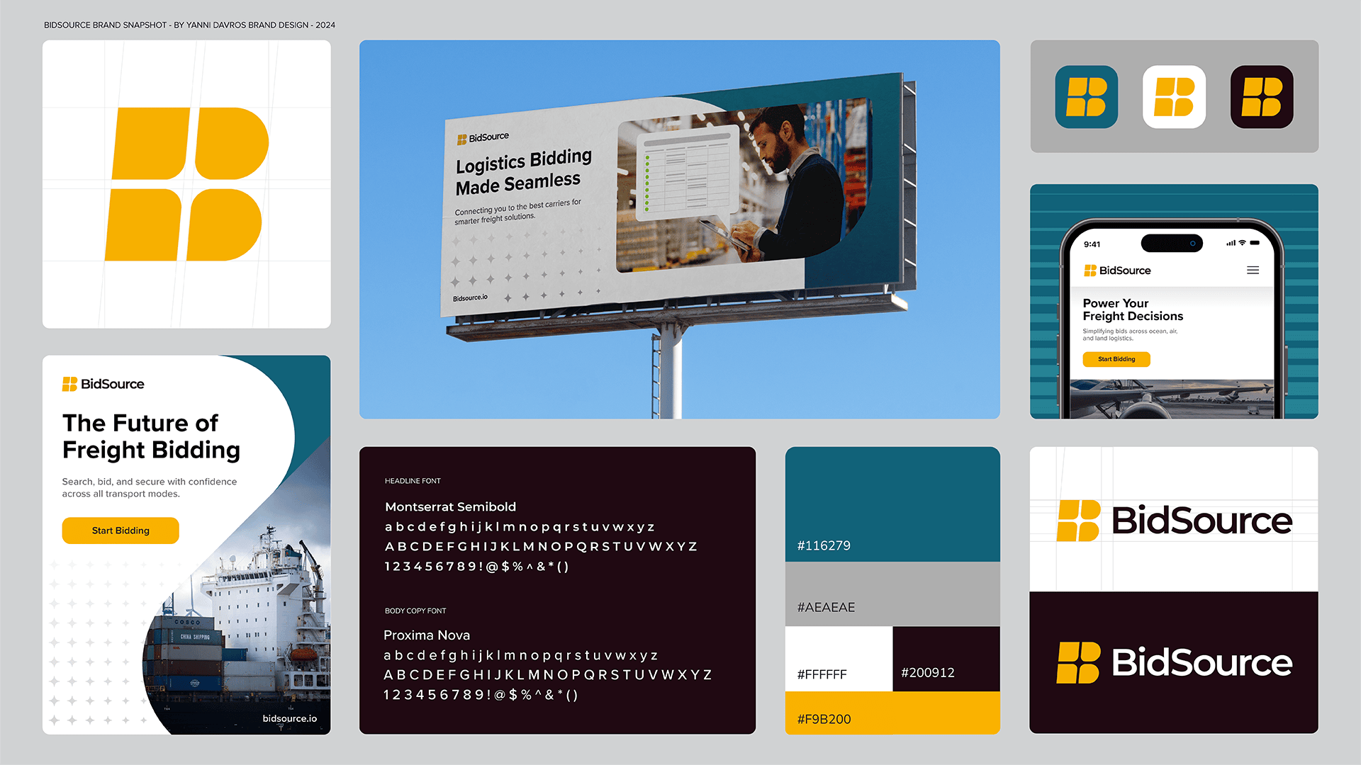 A layout featuring all of the elements that make up the BidSource brand identity.
