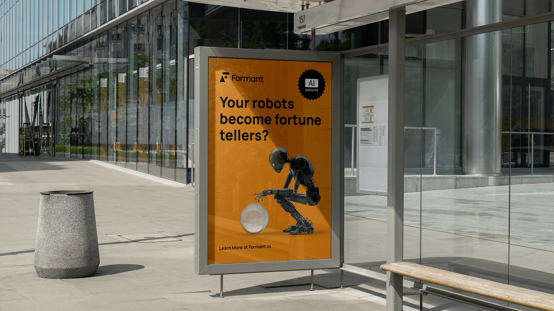 A Formant ad is mocked up on a bus station sign.