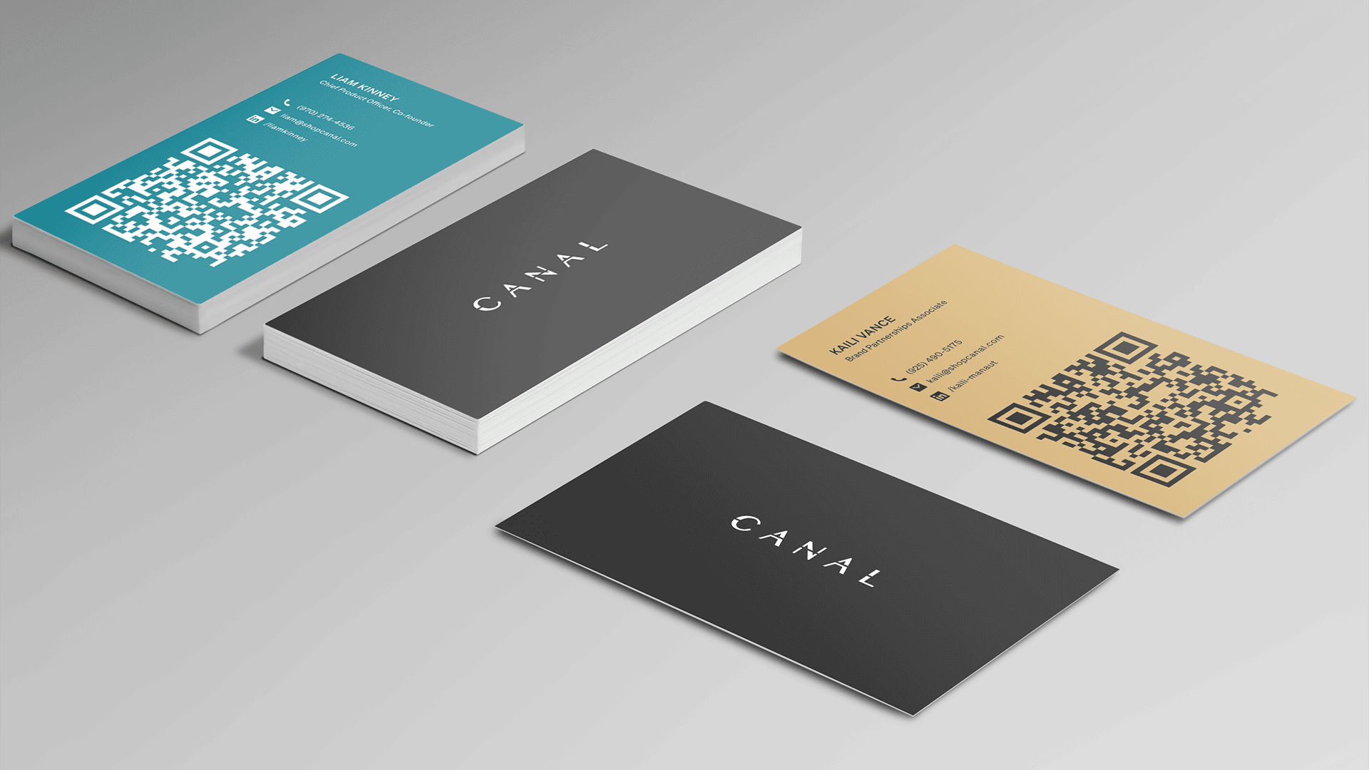 Canal business cards mocked up front and back.