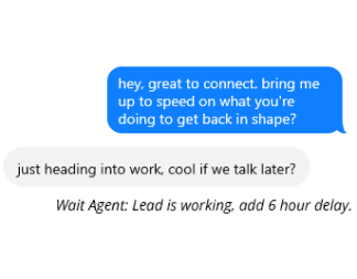 Text conversation with a blue message bubble saying 'hey, great to connect. bring me up to speed on what you're doing to get back in shape?' and a gray reply bubble saying 'just heading into work, cool if we talk later?' followed by caption 'Wait Agent: Lead is working, add 6 hour delay.'